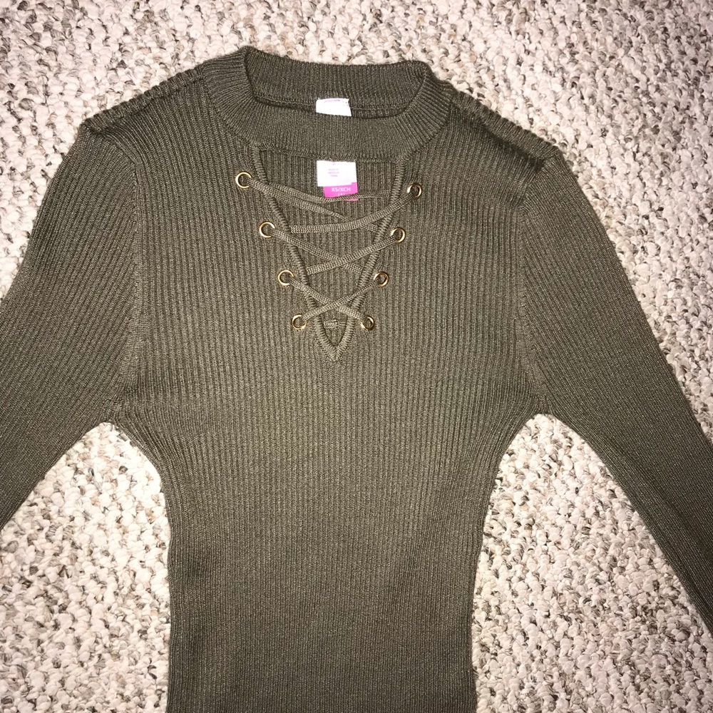 Green Ribbed Lace-Up Top